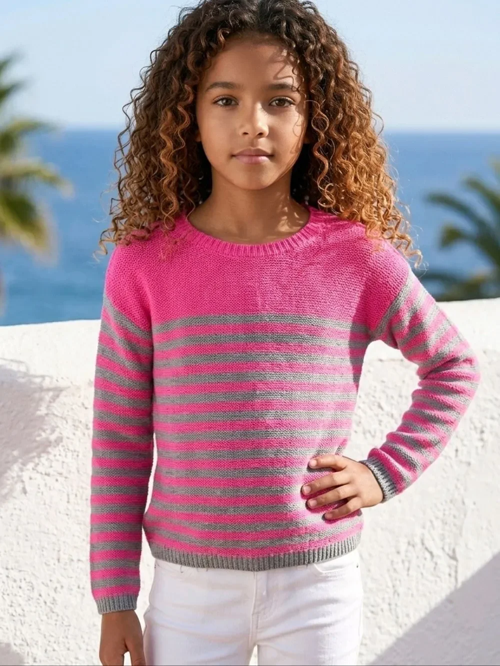 Justice Girls Pink Gray Striped Sweater Casual School Glitter Pullover 12 Top